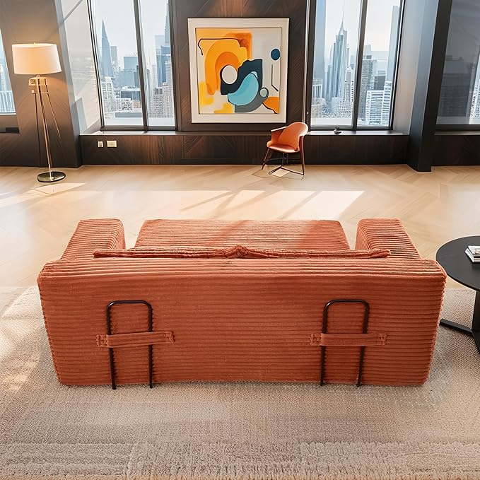 Fefances Loveseat Sofa Bed Boneless Couch, Convertible 2-in-1 Design, Corduroy Fabric - Compact Memory Foam Couch for Small Spaces, Apartments, Home Office & Bedroom（Orange）