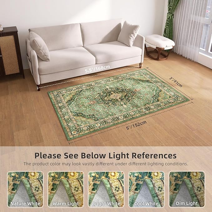 Deerly Green Rug 3x5 Area Rug with Non-Slip Backing, Washable Rugs for Bedroom Living Room Kitchen, Distressed Carpet Printed Low-Pile Soft Dorm Rug Room Decor(Border Green)