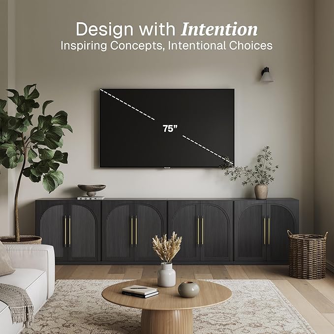 BELLEZE Set of 4 Modular Sideboard with Double-Arc Wood Doors, Small Arched Buffet Cabinet with Storage and Adjustable Shelves, Classic Modern Credenza for Dining Room, Living Room or Entryway(Ebony)