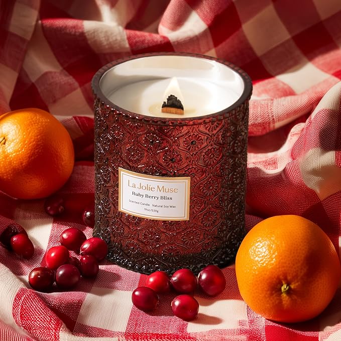 LA JOLIE MUSE Christmas Candle | Ruby Berry Bliss | Mandarin, Cranberry & Plum | 19 oz Soy Candle with Wooden Wick | 90-Hour Clean Burn | Holiday Winter Gift | Cozy Home Decor