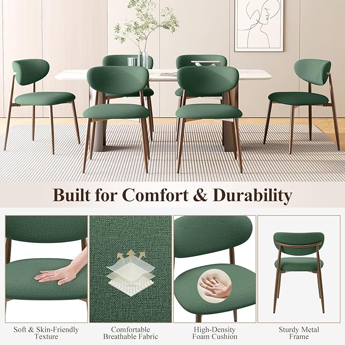 Dining Chairs Set of 4, Upholstered Dining Room Chairs with Metal Legs and Anti Slip Pads, Curved Back Kitchen Chair for Home and Restaurant Use, Green