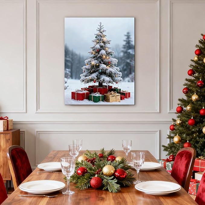 Framed Christmas Pictures Wall Decor,Vintage Pine Tree Prints,Winter Christmas Canvas Wall Art Decoration for Bedroom Bathroom Living Room Rustic Xmas Holiday Gifts (Christmas Tree 11, 20'' X 32'')