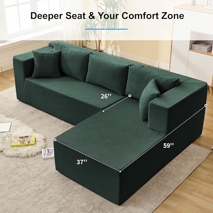 PUREMIND 106" Cloud Sectional Couch for Living Room, Corduroy L Shape Sofa with Deep Seat, Modern Green Couches Modular Boneless Foam Couch Corner Couches, No Assembly Required
