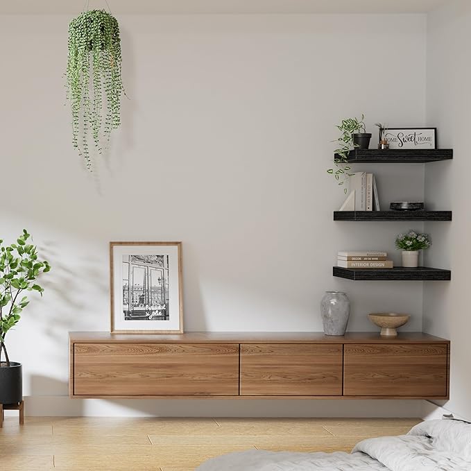 QEEIG 12" Deep Floating Shelves for Wall - 12 x 16 inch Book Shelf Bathroom Bedroom Kitchen Living Room Hanging Bookshelf Farmhouse Set of 3, Black (026-40B3)