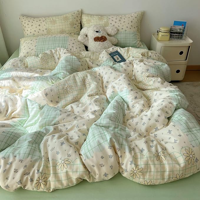 LifeTB 100% Cotton Muslin Duvet Cover Twin XL Aesthetic Floral Comforter Cover with Botanical Flower Cute Plaid Design Cottagecore Bedding Set Ultra Soft Breathable Gauze Duvet Cover for Kids Girls