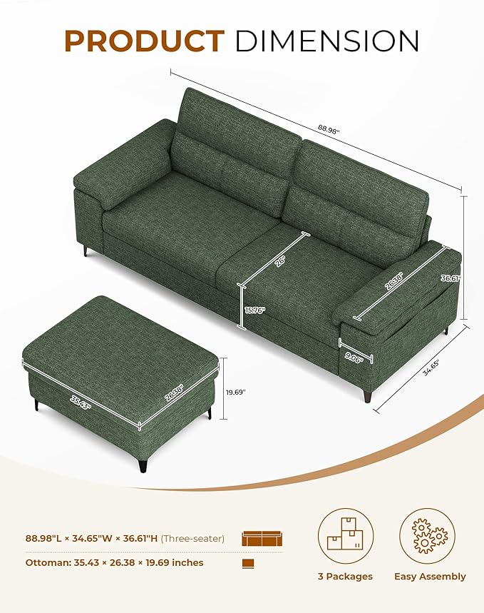 88.97" L Shaped Sectional Couches for Living Room, Deep Seat Sofa with Big Storage Ottoman & 8”Cushion, Comfy 2-Seater Chenille Loveseat, Convertible Armrest, Removable Cover for Small Space(Green)