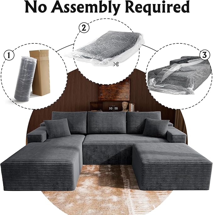 3-Piece Boneless Modular Sectional Sofa, Cloud Couch, Left Facing Chaise with Ottoman, Oversized Deep Seat, Soft Corduroy Fabric, Sectional Couch for Living Room-Grey