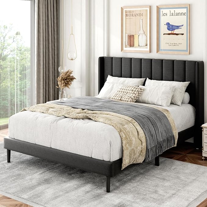 Full Size Bed Frame with Upholstered Wingback Headboard, Easy Assemnly Platform Bed, Wooden Slat Support No Box Spring Needed, Dark Gray