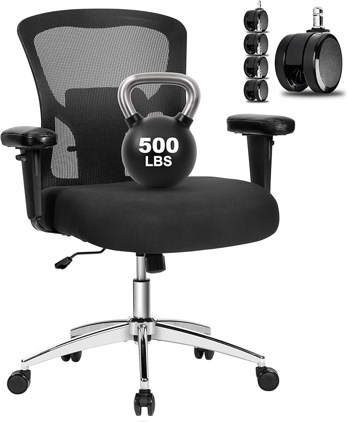 Bigroof Big and Tall Office Chair 500lbs, Heavy Duty Ergonomic Mesh Chair, Computer Executive Desk Chair with Wide Thick Seat, Adjustable Armrests, Lumbar Support