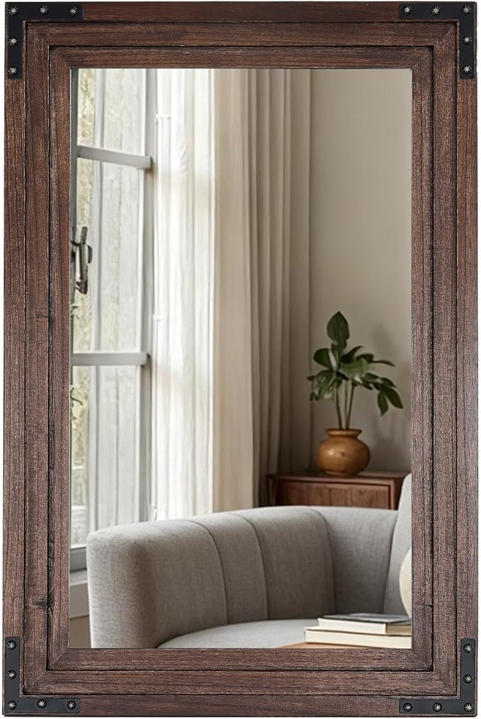 Full Length Mirror 30"x20" Solid Wood Frame Floor Standing Mirror, Hanging or Leaning Wall-Mounted for Living Room, Bedroom, Brown