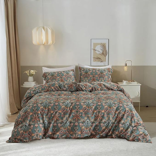 EAVD Boho Floral Comforter Set Fluffy Soft Microfiber Garden Floral Bedding Set with 2 Pillowcases Vintage Style Botanical Comforter Set for All-Season