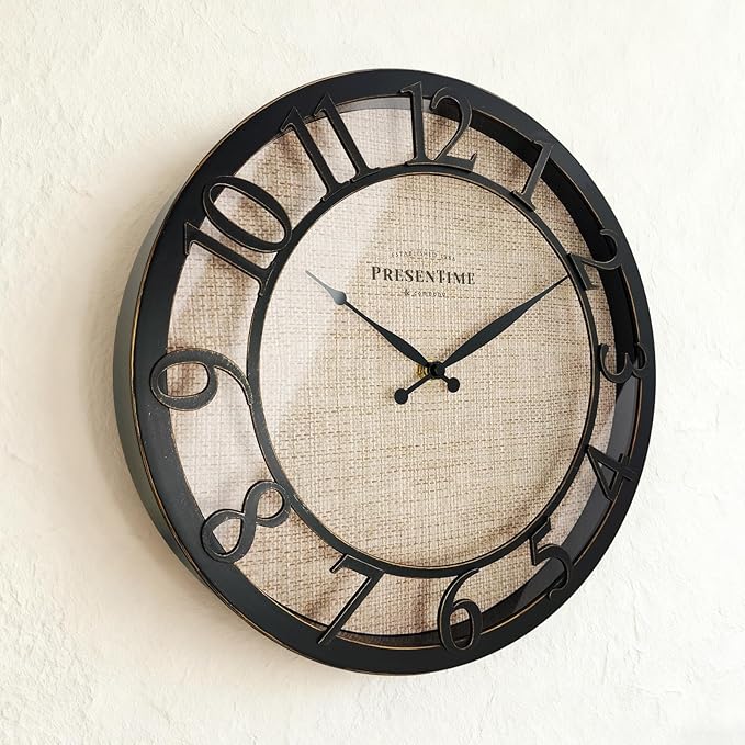 Presentime & Co 13" Farmhouse Series Wall Clock, Cottage Style, Faux Burlap Design, Silent No Ticking, Oil Rubbed Antique Bronze Finish