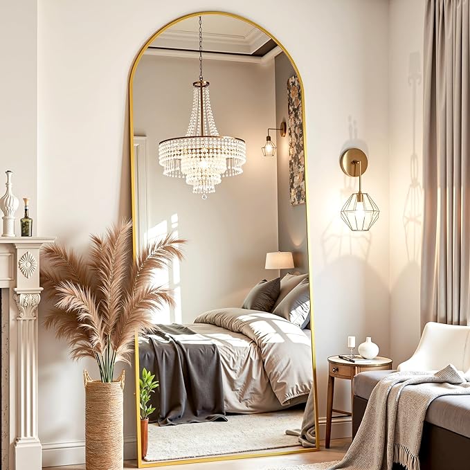 Full Length Mirror, 64"x21" Arched Full Body Mirror, Floor Mirrors with Stand, Standing Hanging Leaning Against Wall,Aluminum Frame Mirrors for Bedroom Cloakroom,Living Room,Gold
