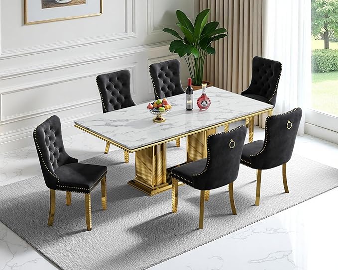 68" Faux Marble Dining Table Set for 6, 7-Piece Dining Set with White Gold Kitchen Table and 6 Velvet Tufted Chairs, Modern Rectangular Dining Room Tables with Column-Shape Stainless Steel Base