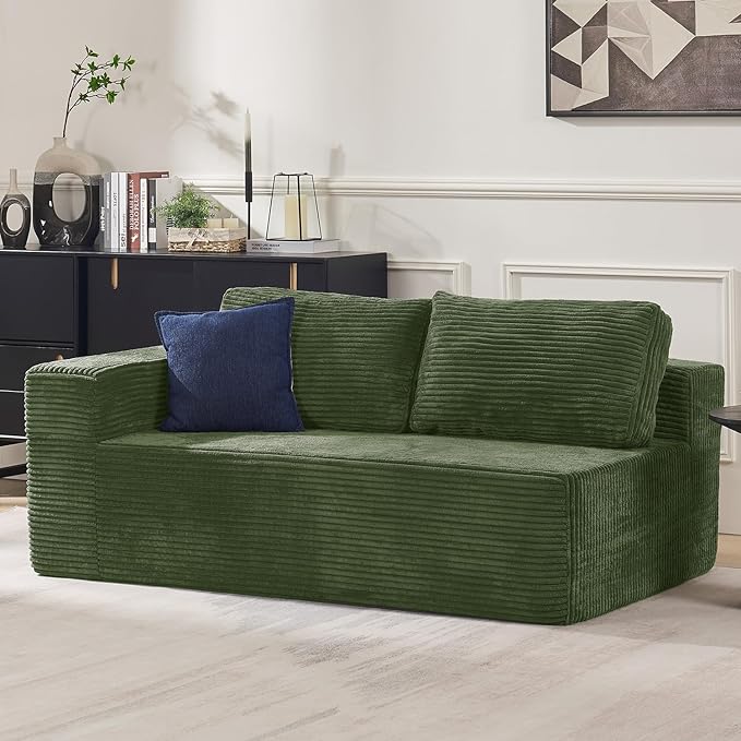 67" Loveseat Sofa, Cloud Modular Couch, Upholstered Floor Sofa with Deep Seat, Upholstered Foam Sofa for Bedroom Living Room, No Assembly Required (Green, Plush Corduroy Fabric)