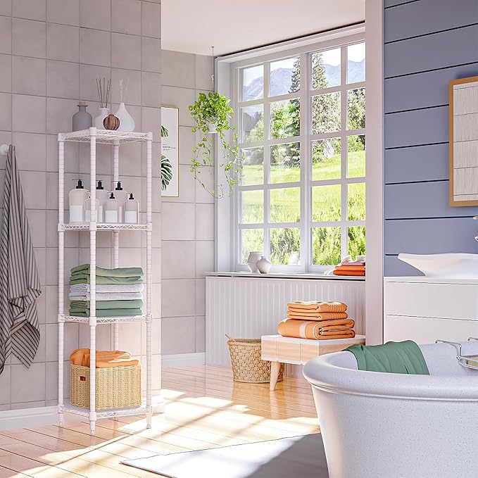 IZEUK 4 Tier Steel Storage Shelves, Adjustable Wire Shelving Unit for Kitchen, Bathroom, or Office Organization, Heavy Duty Metal Rack, 480 lbs Capacity, 11.8" D x 11.8" W x 47.3" H, White