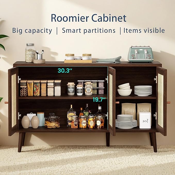 47" Rattan-Door Sideboard Cabinet with Shelf, 3-Door TV Stand Credenza Buffet with Generous Storage, Modern Accent Cabinet for Living Room & Kitchen, Walnut