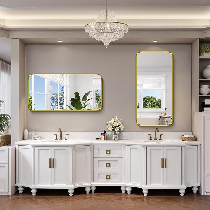 FORBATH 24x48 Inch Bathroom Mirror, Brushed Gold Deep Frame Narrow Wall Mirror with Rounded Corners, Anti-Rust Tempered Glass for Modern Farmhouse Vanity (Horizontal/Vertical)