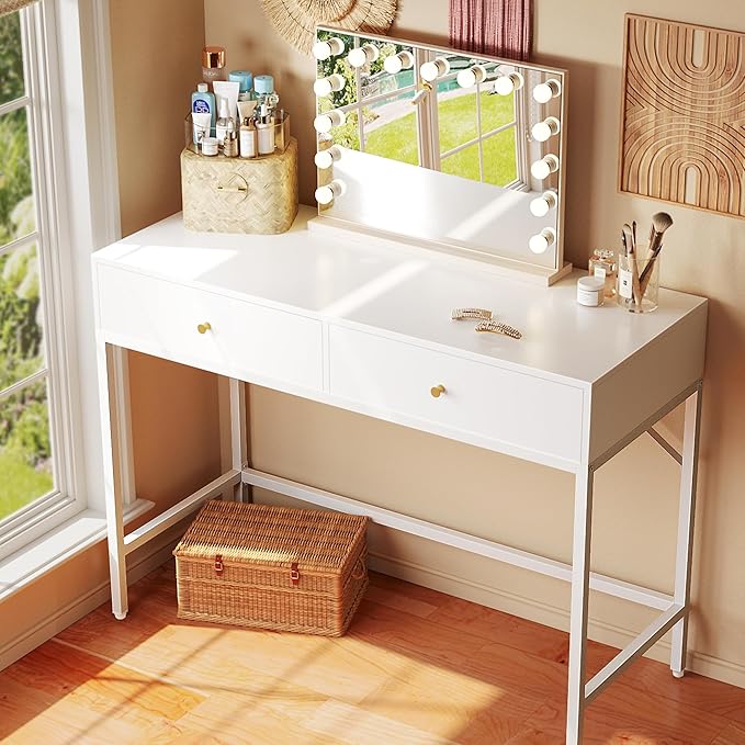 SUPERJARE 39.4" White Desk with 2 Drawers, Modern Makeup Vanity Desk, Small Computer Desk Home Office Desk for Writing Study Bedroom