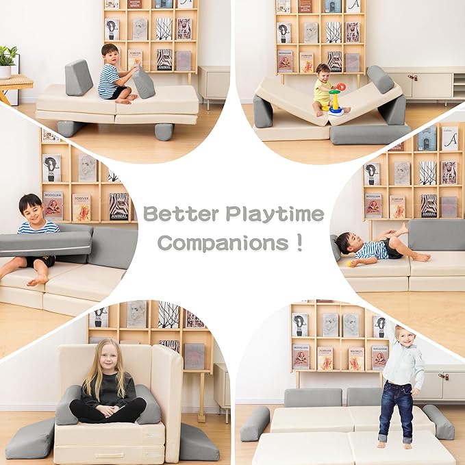 Modular Play Sofa, Instant Expansion, Corduroy Fabric, Grey and Beige