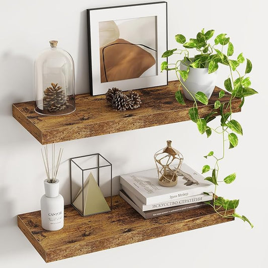 Fun Memories Floating Shelves - 2 Pack 9.3 Inch Deep Rustic Wooden Wall Shelves - Wall Mounted Storage Shelf with Invisible Brackets, 24" W x 9.3" D x 1.6" H - Rustic Brown