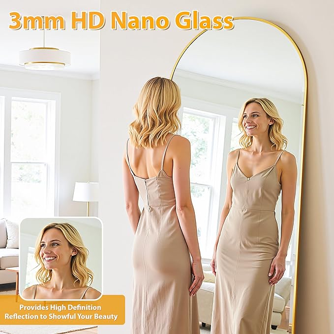 Full Length Mirror, 58"x18" Oversized Floor Mirror Freestanding, Full Body Mirror Floor Standing Mirrors with Stand, Hanging Mounted Mirrors for Bedroom Living Room, Gold, Arched Style