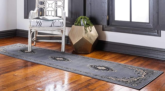 Unique Loom Reza Collection Traditional Persian Style Area Rug, 3 ft x 16 ft 5 in, Gray/Ivory