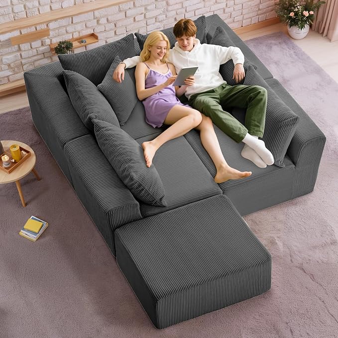 Oversize 131” Boneless Couch for Living Room, Comfort L Shaped Cloud Couch Sectional, Extra Deep Seats Corduroy Modular Sectional Sofa No Assembly,Grey