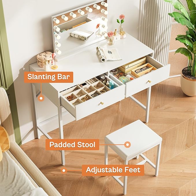 SUPERJARE 31.5" White Desk with 2 Drawers, Modern Makeup Vanity with Padded Stool, Small Computer Desk Home Office Desk for Writing Study Bedroom