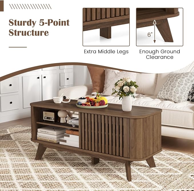 Giantex Coffee Table with Storage, Mid Century Modern Tea Table with Adjustable Shelves & 2 Doors, Wood Coffee Tables w/Fluted Design, Rectangular Farmhouse Center Table for Living Room, Bedroom