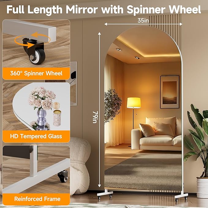 Hasipu 79" x 36" Arched Rolling Home Gym Mirror with Wheels, 360° Swivel Body Mirror with HD Tempered Glass, Large Floor Mirror for Yoga Room, Dance Studio, Bedroom & Home Gym