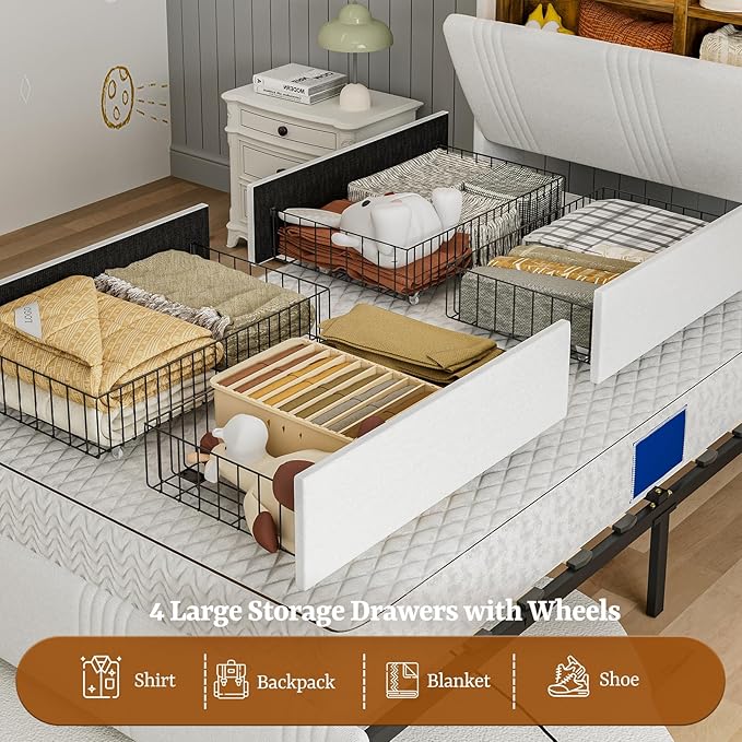 IKIFLY Twin XL Bed Frames with Hidden Storage Headboard & 4 Drawers, 49.2” Tall Upholstered Wingback Headboard with LED Lights and Charging Station, No Box Spring Needed, Solid Wood Slats, White