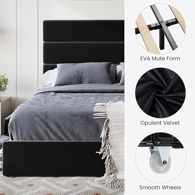 SHA CERLIN Queen Size Platform Bed Frame with 4 Storage Drawers, Velvet Upholstered Headboard, Mattress Foundation with Wooden Slats Support, No Box Spring Needed, Easy Assembly, Black