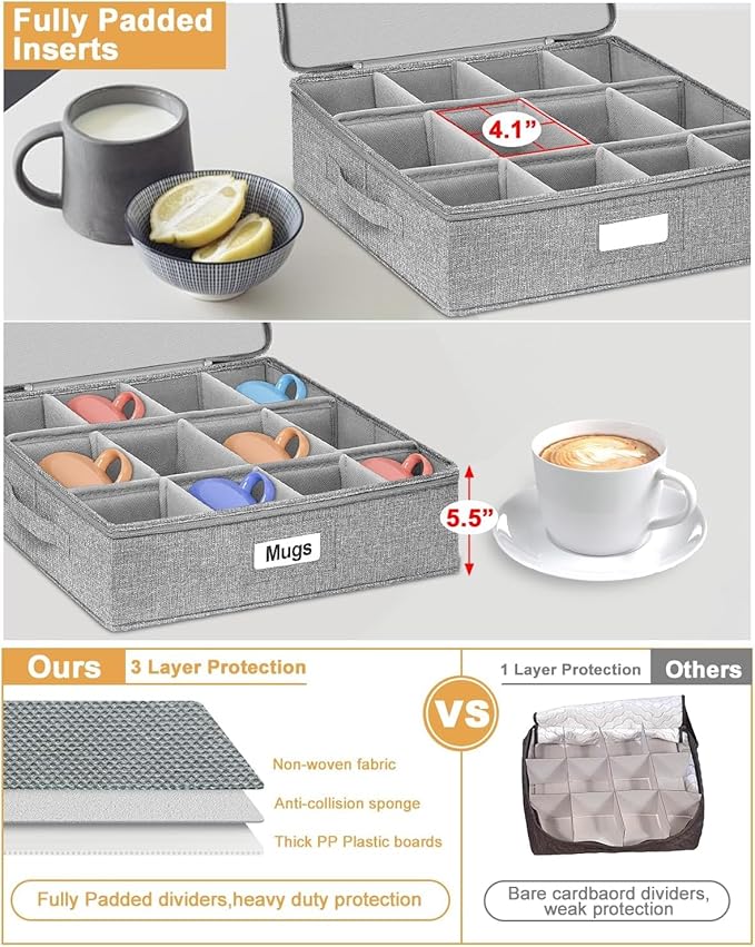 punemi Rigid China Storage Containers 5-Piece Set with Dividers, Quilted Stackable Plate & Dish Storage Protectors, Adjustable Mug and Cup Storage Organizer for Moving and Dinnerware storage, Grey