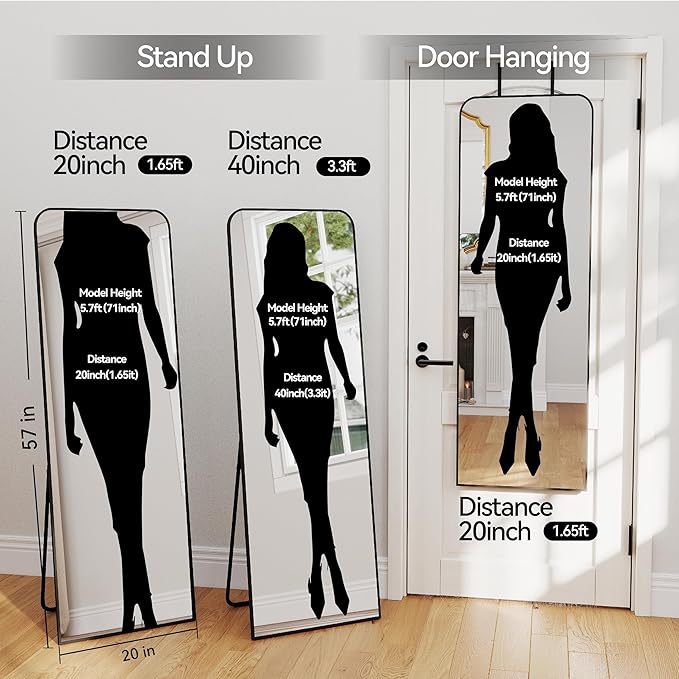 57x20 Door Hanging Full Length Mirror, Floor (Height 5.7ft just Body in 1.3ft) or Wall Mounted Metal Frame Rectangle Dressing Mirrors for Bedroom Bathroom Living Room 57 inch Black