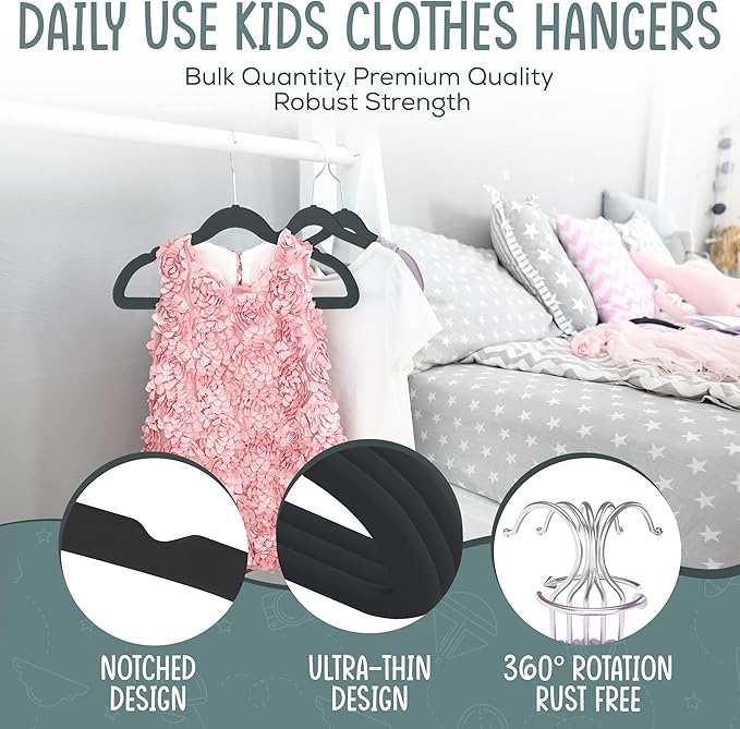 50 Premium Kids Velvet Hangers - 14" Non-Slip Clothes Hangers for Kids & Preteens - Ultra Slim, Space-Saving, Strong & Durable Hangers with 360° Swivel Hook - Black