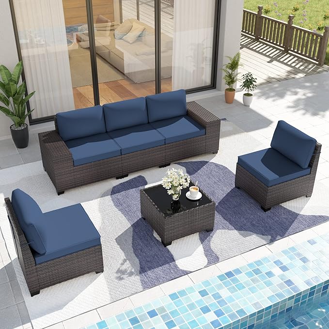 Kurapika 6 Pieces Patio Furniture Set, Rattan Outdoor Conversation Sets w/4 Inch Cushion and Glass Coffee Table(Navy Blue)