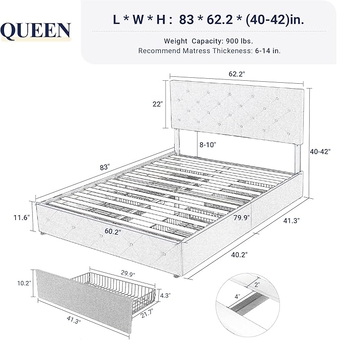 Allewie Upholstered Queen Size Platform Bed Frame with 4 Storage Drawers and Headboard, Diamond Stitched Button Tufted, Mattress Foundation with Wooden Slats Support, No Box Spring Needed, White