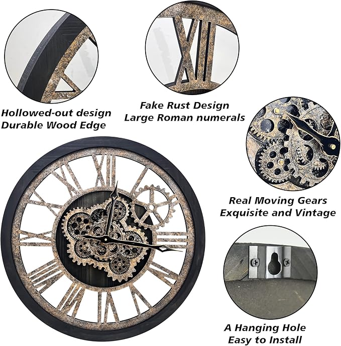 The B-Style Large Wall Clock 18 inch Moving Gear Wall Clock Oversized Vintage Farmhouse Wall Clocks for Living Room Decor Rustic Industrial Wood Clock (Black)