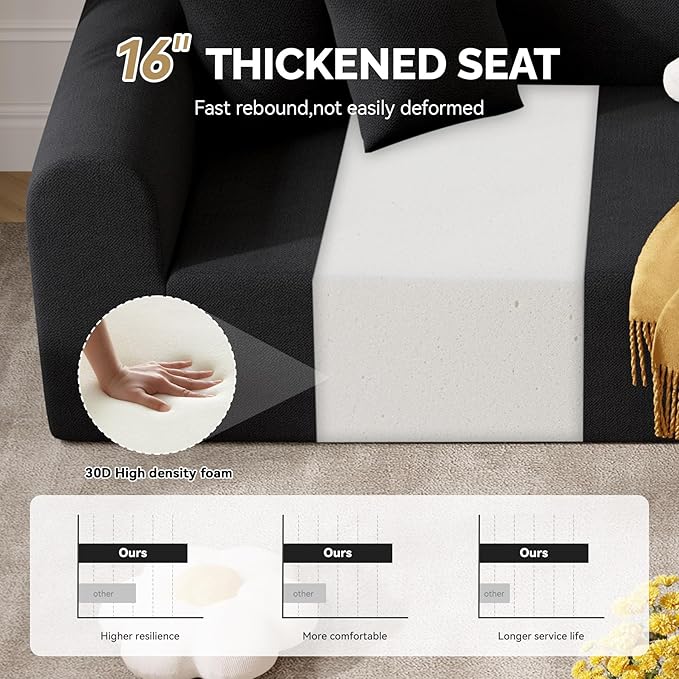 128" Oversized Modern Curved Sofa,Boneless Cloud Sectional Couch with Deep Seat,No Assembly Required Chenille Couches for Living Room,Black,1 PCS