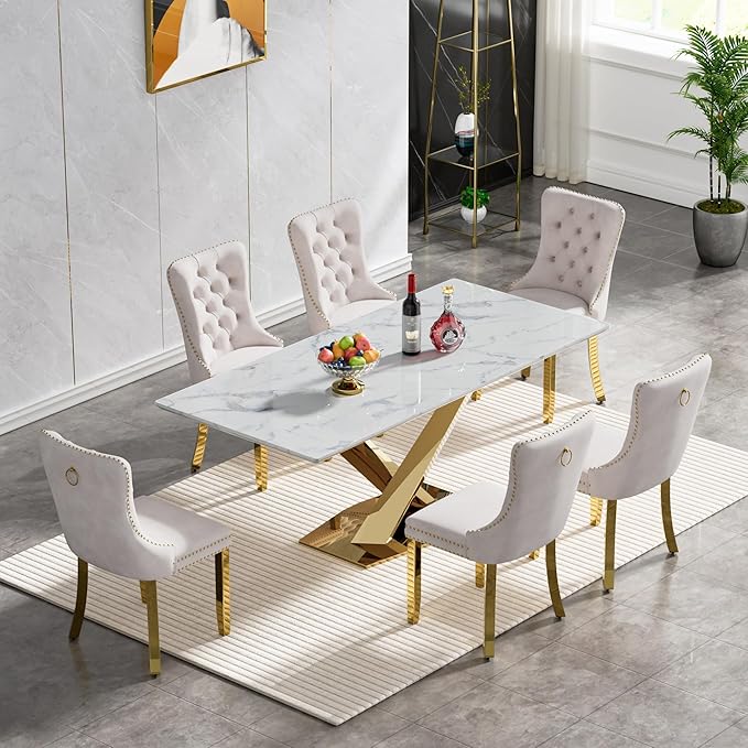 70" Faux Marble Dining Table Set for 6, 7-Piece Dining Set with White Gold Kitchen Table and 6 Velvet Tufted Chairs, Modern Rectangular Dining Room Table with X-Shape Stainless Steel Base