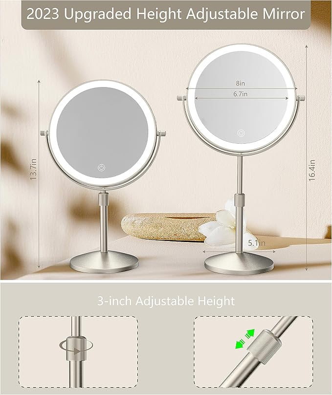 8" Lighted Makeup Mirror, 1X/10X Magnification with Light, Double Sided Dimmable, Rechargeable & Brightness & Height Adjustable, Cordless Vanity(Brushed Nickel)