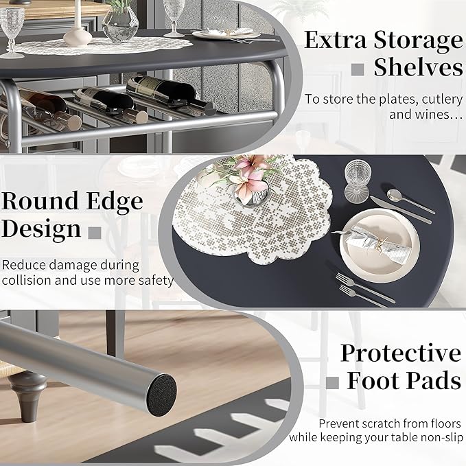 VECELO 3-Piece Dining Table Set for Kitchen Breakfast Nook, Wood Grain Oval Tabletop and Metal Frame with Built-in Wine Rack, for Small Spaces, Black & Silver