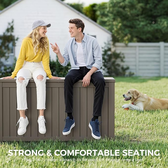 150 Gallon Resin Deck Box, Large Indoor and Outdoor Storage Box, Weatherproof and UV Resistant Outdoor Storage Box with Built-in Steel Beams for Patio, Cushions, Pool Supplies