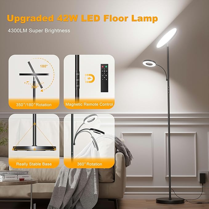 Floor Lamps for Living Room Bedroom, 42W/4300LM Super Bright LED Floor Lamp with Remote and Touch Control, Stepless Dimmable, 69" Tall Standing Lamp with Gooseneck Reading Light for Hotel Office