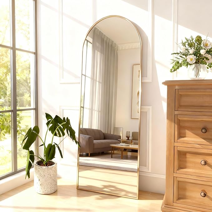 Arched Full Length Mirror,56" L x 15" W Floor Mirror, Aluminum Alloy Frame, Shatterproof Glass - Free Standing, Leaning or Wall Mounted for Bedroom, Living Room, Entryway, Modern Home (Gold)