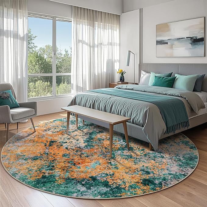 6ft Round Area Rug for Living Room- 6x6 Washable Neutral Abstract Rug for Bedroom Modern Soft Dining Room Rug No Slip Low Pile Carpet for Nursery Home Office Decor - Teal/Orange
