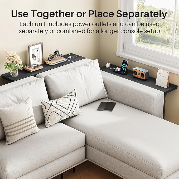 Kitstorack 2-Pack Black Console Table, 7.9" Deep Panel, Adjustable Height (25"-33") & with 2 Power Outlets, Behind Sofa Couch Table, Use Together or Separately - 79" L