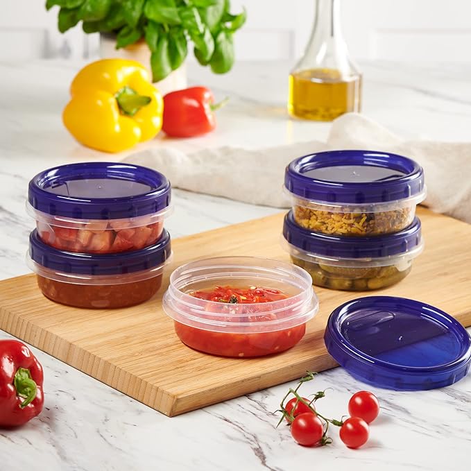 PLASTICPRO 12 Pack Twist Cap Food Storage Containers with Blue Screw on Lid- 8 oz Reusable Meal Prep Containers - Freezer and Microwave Safe Blue Plastic Food Storage