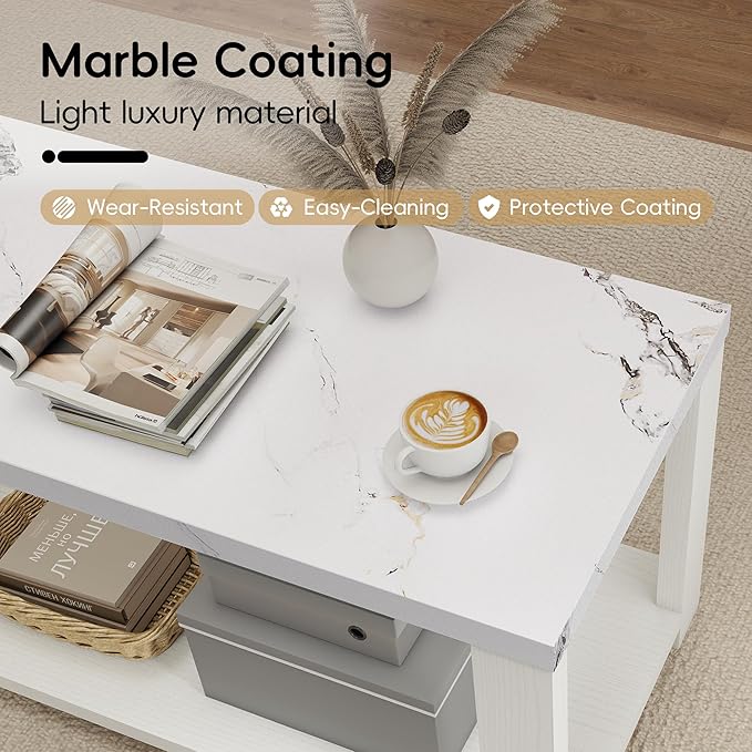 Coffee Table 40" Faux Marble White Oak 2-Tier Rectangle Thickened Modern Wooden Center Table for Living Room, Conference Room, Small Space Home Furniture (Classic White Oak)